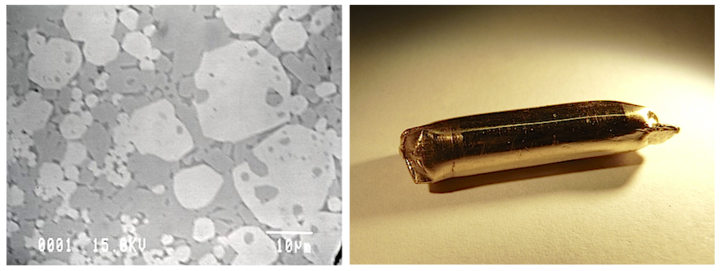 A sinistra: Granati e clinopirosseni sintetizzati col pistone cilindro a partire da una miscela di ossidi e carbonati a 2.5 GPa e 1400°C. A destra, capsula d'oro utilizzata negli esperimenti con l’autoclave idrotermale.
