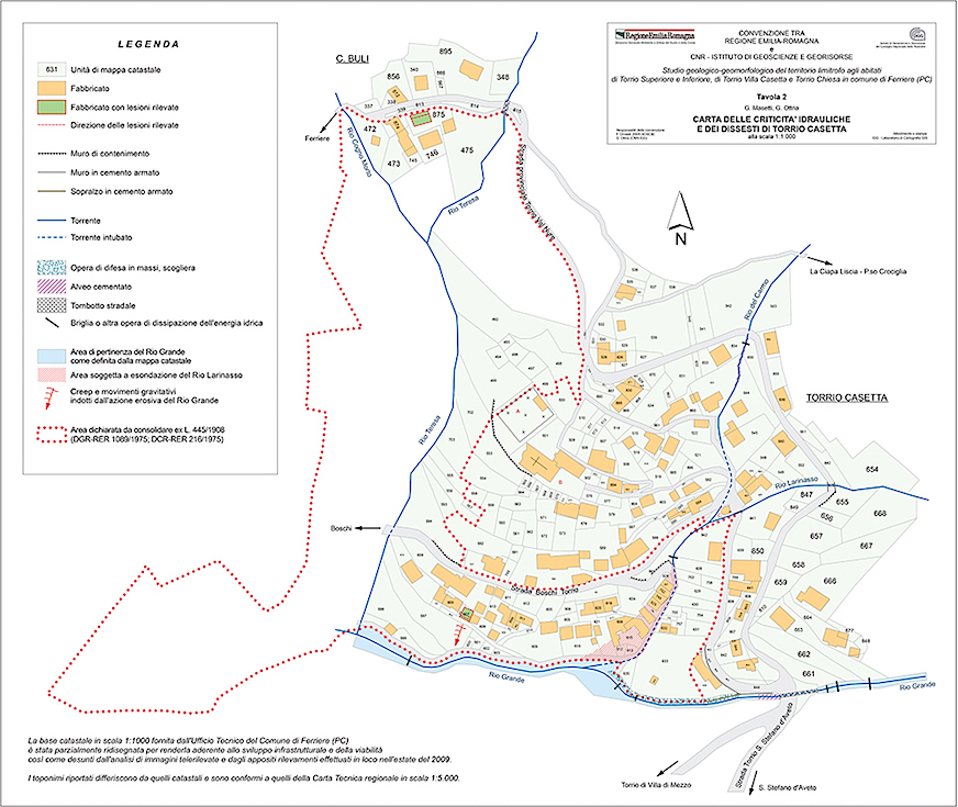 Map of the hydraulic issues and damages detected in a Regione Emilia-Romagna inhabited center.