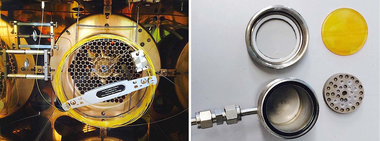 A sinistra particolare della colonna cromatografica del Gas Cromatografo Trace GC Ultra (Thermo Scientific). La foto destra mostra il porta campioni e la camera di fluorinazione campioni della linea Laser.