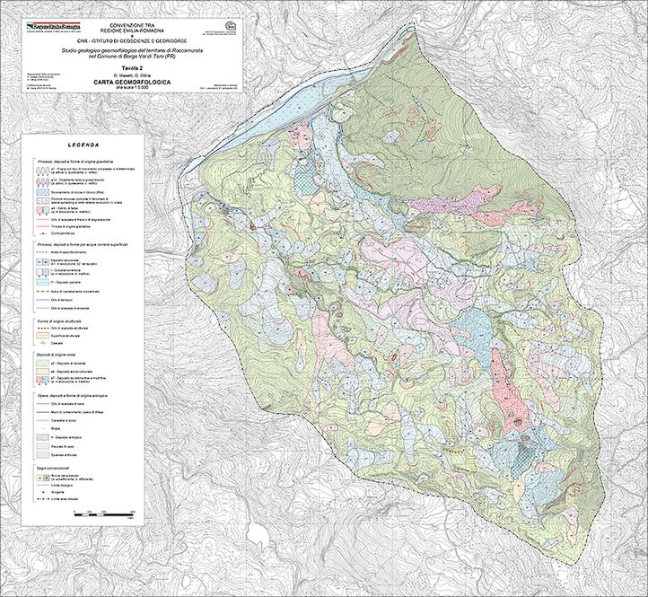 Carta geomorfologica del territorio di Roccamurata (PR), realizzata nell’ambito di uno studio sulle condizioni di franosità di centri abitati instabili della Regione Emilia-Romagna