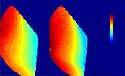 Confronto tra la batimetria ottenuta dal wave radar (a sinistra) e dal sonar (a destra)