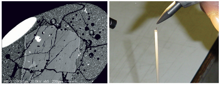 A sinistra: Bordo di accrescimento formatosi durante un esperimento in un clinopirosseno di una lava dell’Etna (1180 °C, 0.1 MPa). A destra: saldatura di una termocoppia "S" per mezzo di saldatore ad arco con elettrodo di grafite.