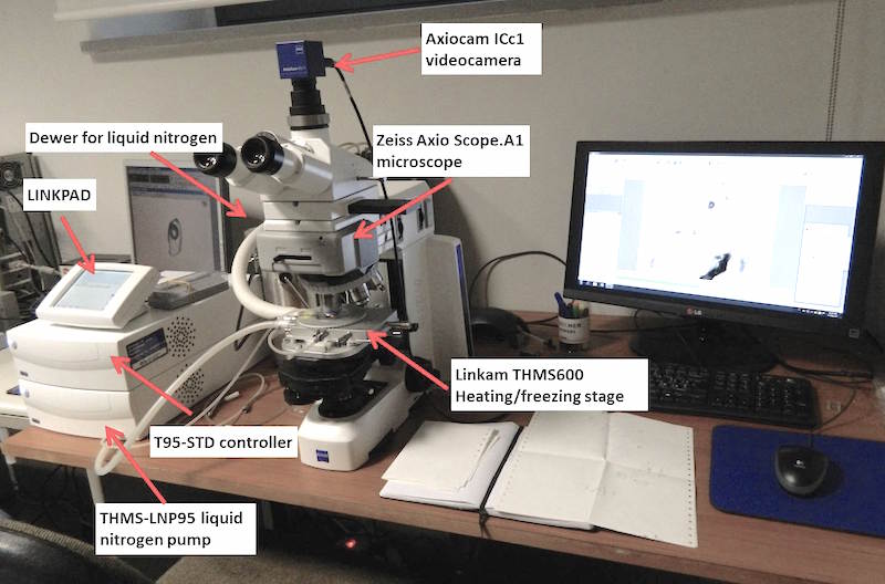 Tavolino Linkam THMS600 montato un microscopio Zeiss Axio Scope.A1