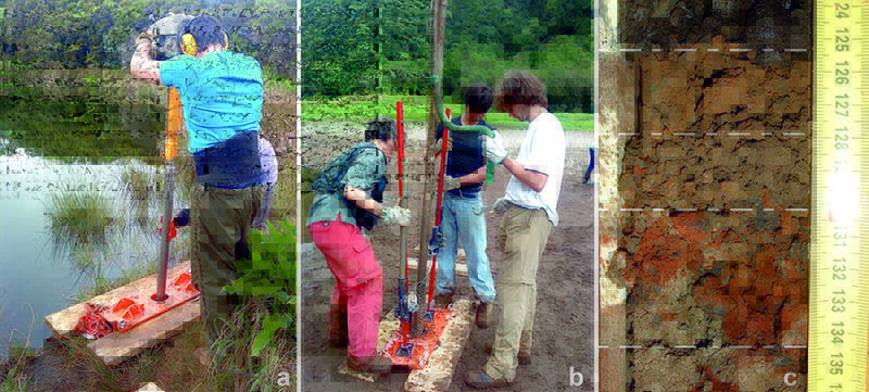Extracting a lapilli core at the border of the Piton de Boue crater-lake, Reunion, France