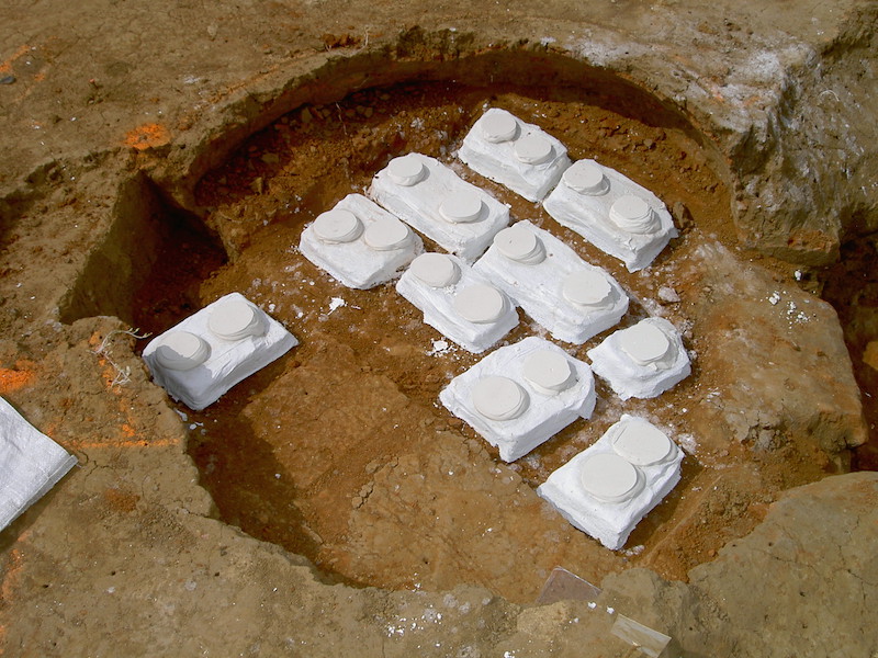 Archaeomagnetic samples ready to be removed from a domestic kiln in Normandie, France