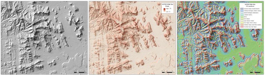 Parametri morfologici e morfometrici derivati da una scena ASTER Global Digital Elevation Model (GDEM, 30m): illuminazione relativa (sinistra), acclività (centro) e forme del rilievo (Topographic Position Index, destra)