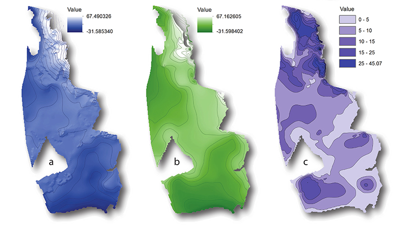 Grid format representation of the bottom (a) and top (b) surfaces and thickness (c) of an hydrostructural horizon that was reconstructed as a geovolume.