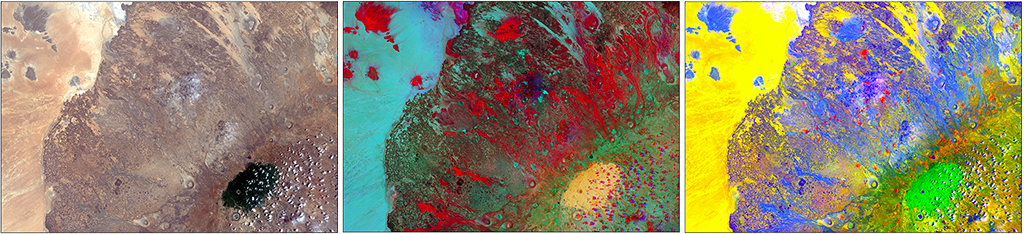 Different band combinations and processing of a multispectral LANDSAT 8 image, in order to investigate the distribution of volcanic rocks in the Marsabit region (Kenya): (left) natural color (432); (center) false color combination (652, converted from RGB