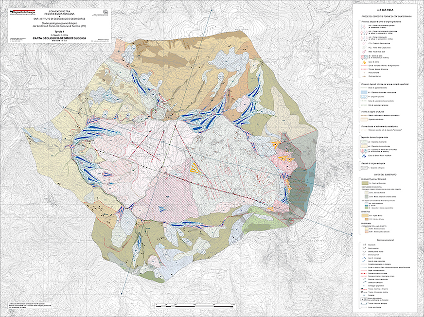 Carta geologico-geomorfologica del territorio di Torrio (PC), realizzata nell’ambito di uno studio sulle condizioni di franosità di centri abitati instabili della Regione Emilia-Romagna.