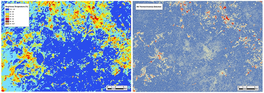 Left: Brightness temperature computed by the thermal band of a LANDSAT 7 scene (Larderello area, Tuscany, Italy – 20.06.2000) Right: Thermic anomalies achieved through the application of the RX Anomaly Detection algorithm.
