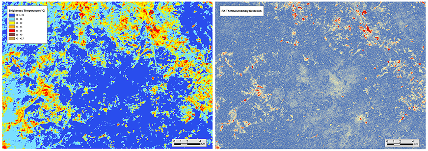 Sinistra: Temperatura di brillanza (temperatura apparente al sensore) calcolata per il territorio di Larderello (PI) sulla base della banda termica di una scena LANDSAT 7 (20.06.2000).