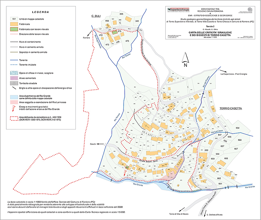 Carta delle criticità idrauliche e dei dissesti rilevati a carico di un centro abitato della Regione Emilia-Romagna.