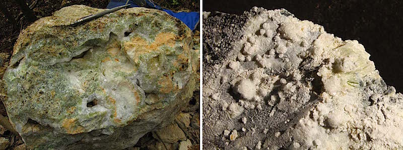 Clasto di magnesite e dolomite (a sinistra) e di idromagnesite (a destra) formati durante il sequestro mineralogico della CO2 in serpentiniti.