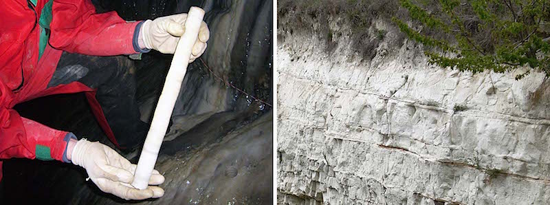 Carota da flowstone campionato da una grotta alpina. A destra la foto mostra una sequenza di carbonati (paleo) lacustri.