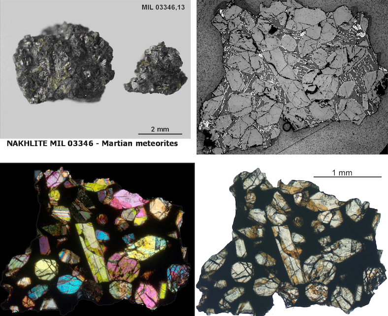 Frammento della meteorite marziana MIL03346 e immagine della sezione sottile preparata per l’analisi in microsonda vista (in senso orario) in luce polarizzata riflessa, trasmessa senza analizzatore e trasmessa con analizzatore inserito