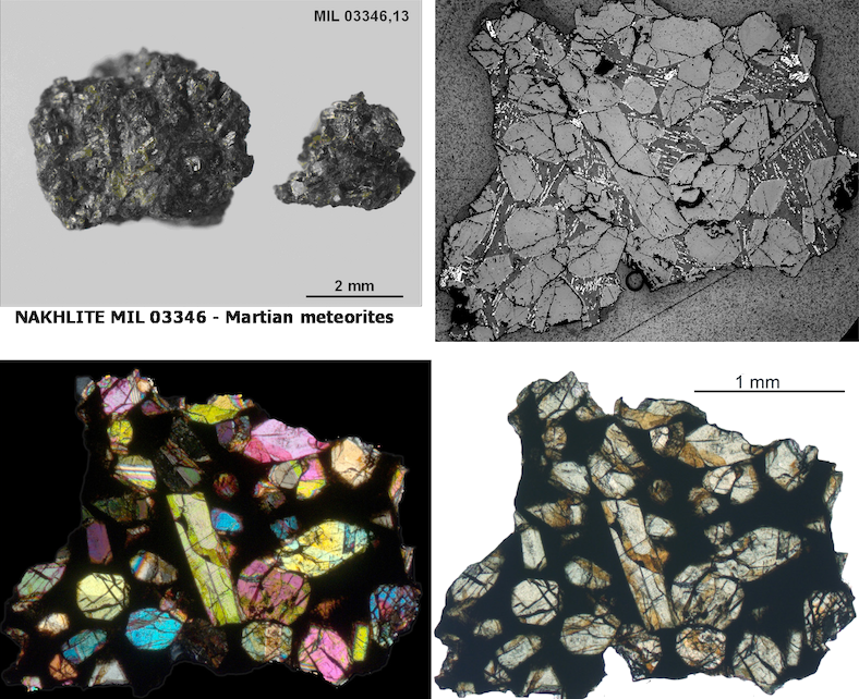 Frammento della meteorite marziana MIL03346 e immagine della sezione sottile preparata per l’analisi in microsonda vista (in senso orario) in luce polarizzata riflessa, trasmessa senza analizzatore e trasmessa con analizzatore inserito Frammento della meteorite marziana MIL03346 e immagine della sezione sottile preparata per l’analisi in microsonda vista (in senso orario) in luce polarizzata riflessa, trasmessa senza analizzatore e trasmessa con analizzatore inserito