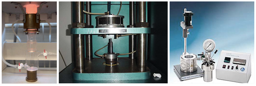 From left to right: Quenching pot in the gas mixing furnace, piston cylinder and stirred micro-reactor