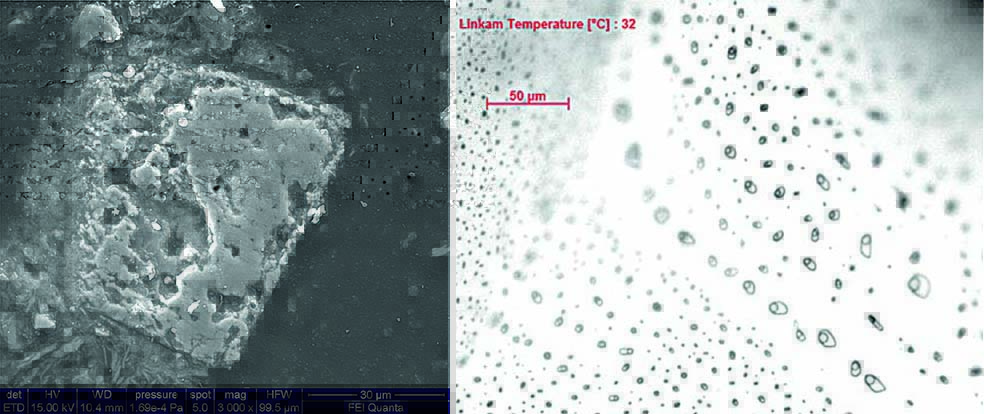 Immagine SEM di un cristallo di siderite di una fillade del Mt Amiata la cui decomposizione a 300°C forma magnetite, CO, CO2, H2 ed idrocarburi (a sinistra), e piani di inclusioni fluide sintetiche formatesi a 400°C su cristalli di quarzo pre-fratturati