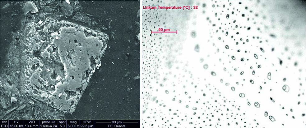 From left to right: SEM image of a siderite crystal in a micaschist from Mt. Amiata. Its decomposition forms magnetite, CO, CO2, H2 and other hydrocarbons at 300 °C, and synthetic fluid inclusions formed in a pre-fractured quartz crystal at 400 °C.