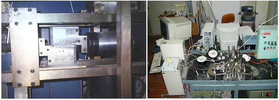 Detail of the frame of the 500 kN direct shear machine (left); 50 kN direct shear device (motorized), equipped with vertical and horizontal displacement transducers (right)