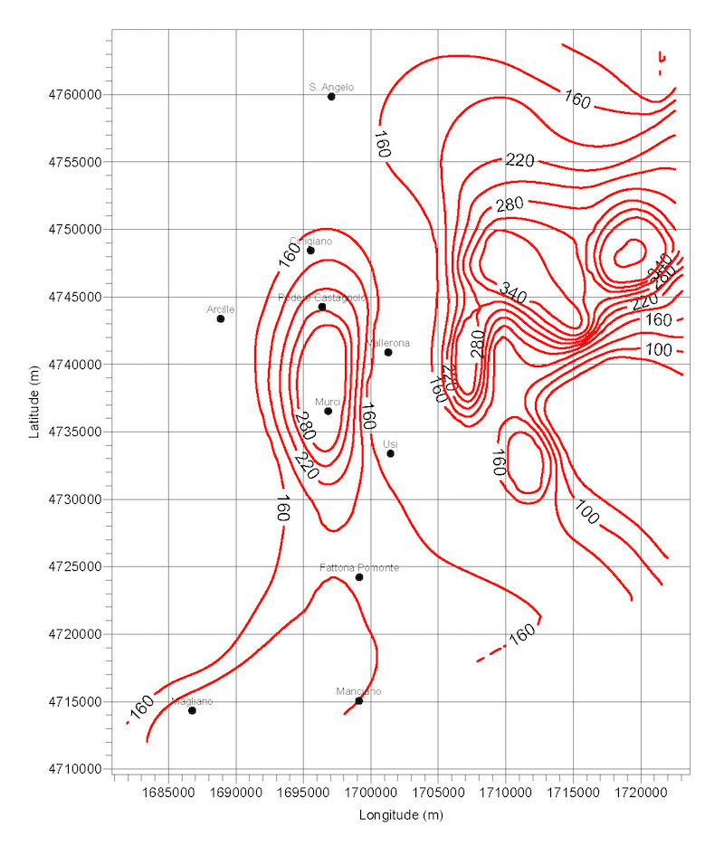 Carta del flusso di calore dell’area ad Ovest del Monte Amiata. Sono indicati i pozzi di gradiente misurati durante la prospezione geotermica