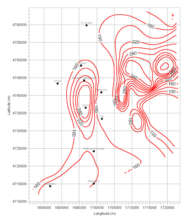 Heat flow map of the area West of Mount Amiata. Black dots indicate geothermal gradient wells logged by IGG HF lab