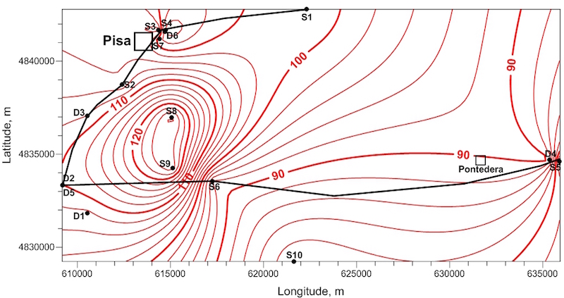 Mappa del flusso di calore della pianura di Pisa (mWm-2), con indicazione dei sondaggi con profondità fino a 300 m (S) e fino a 3000 m (D)