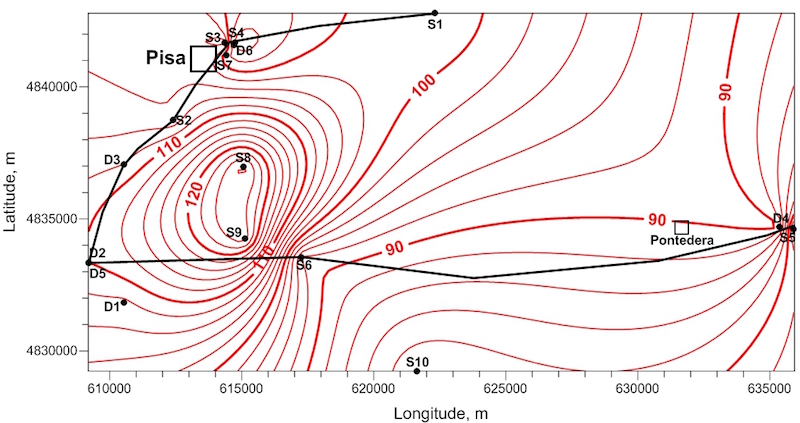 Heat flow map of the Pisa plain (mWm-2), with location of wells up to 300 m deep (S) or 3000m deep (D)