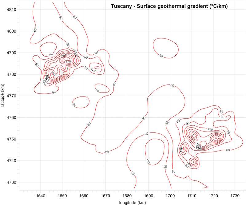 Geothermal gradient map of the area of Tuscany including high enthalpy geothermal fields of Larderello and Mt. Amiata