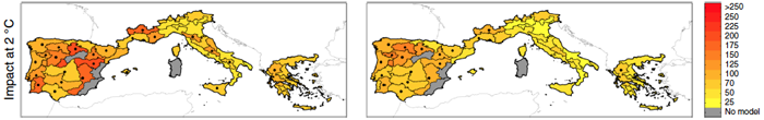 Simulation, with a data-based model driven by climate projections, of the expected percentage increase of burned area for a global temperature increase of 2 °C above pre-industrial levels