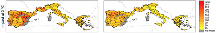 Simulazione, con un modello data-based guidato dalle proiezioni climatiche, del potenziale aumento (in percentuale) dell’area bruciata dagli incendi boschivi, per un aumento di temperatura globale di 2 °C rispetto ai valori pre-industriali