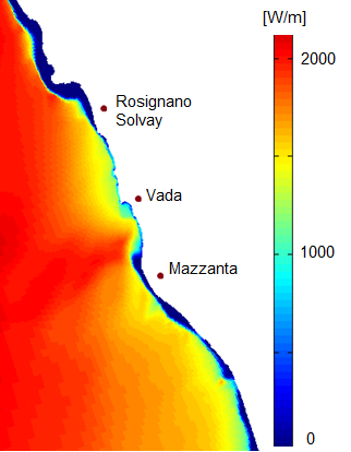 High-resolution numerical simulation (with Delft3D) of the intensity of wave transport to the coast during winter