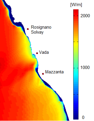 Simulazione numerica ad alta risoluzione (con il modello Delft3D) dell’intensità del trasporto di energia verso costa in inverno