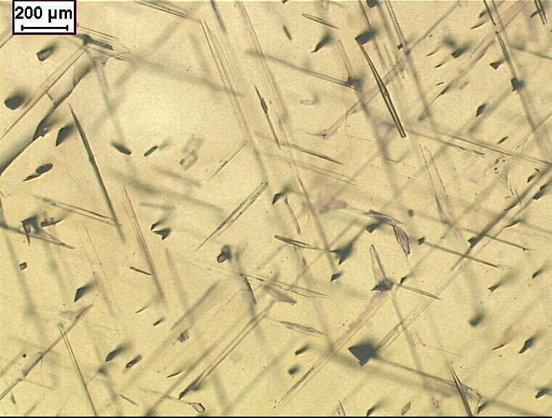 Photomicrograph of crystallographically oriented, prismatic intra-crystalline pyroxene needles in garnet. By studying samples of orogenic peridotites found in Otrøy (Western Norway), it was found that the decompression microstructures in the garnet have 