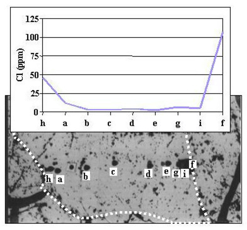 Micrografie ottiche in luce riflessa di opx in BM90-6 (Balmuccia, Alpi occidentali, Italia), indicanti gli spot SIMS ed i corrispondenti contenuti di Cl (ppm). L’ortopirosseno ha reagito in presenza di un agente metasomatico con incorporazione di Cl che