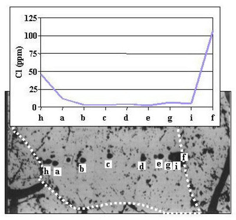 Reflected-light optical micrograph of opx in BM90-6 (Balmuccia, Western Alps, Italy) indicating the SIMS spots and the corresponding Cl contents (ppm). The orthopyroxene reacted in the presence of a metasomatic agent by Cl incorporation which seems to fol