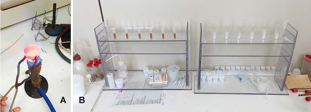 Alcaline fusion of Pt-Ir crucibles for B extraction from the matrix (A) and columns for Boron purification (amberlite columns+cationic columns+amberlite columns) (B)