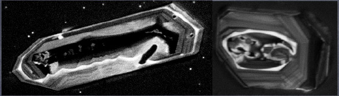 CL images of zircon grains from magmatic rocks (left side, lenght of 200microns; right side lenght of 100microns) CL images of zircon grains from magmatic rocks (left side, lenght of 200microns; right side lenght of 100microns)