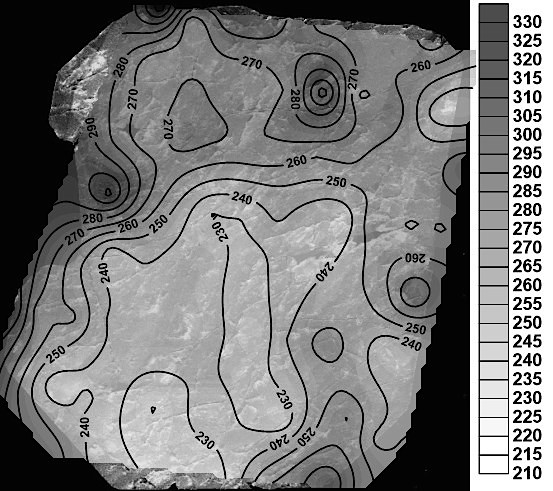 Photo 4: 206Pb/238U age distribution (contour map) of a mm-size zircon grain (90 analyses with a diameter of 35μm).